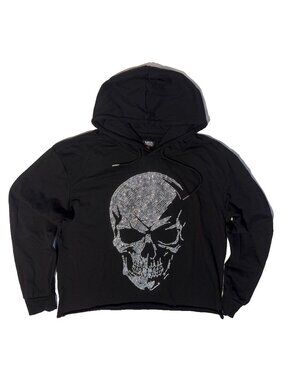 Black Pike Rhinestone Skull Cropped Hoodie Large Raw Hem